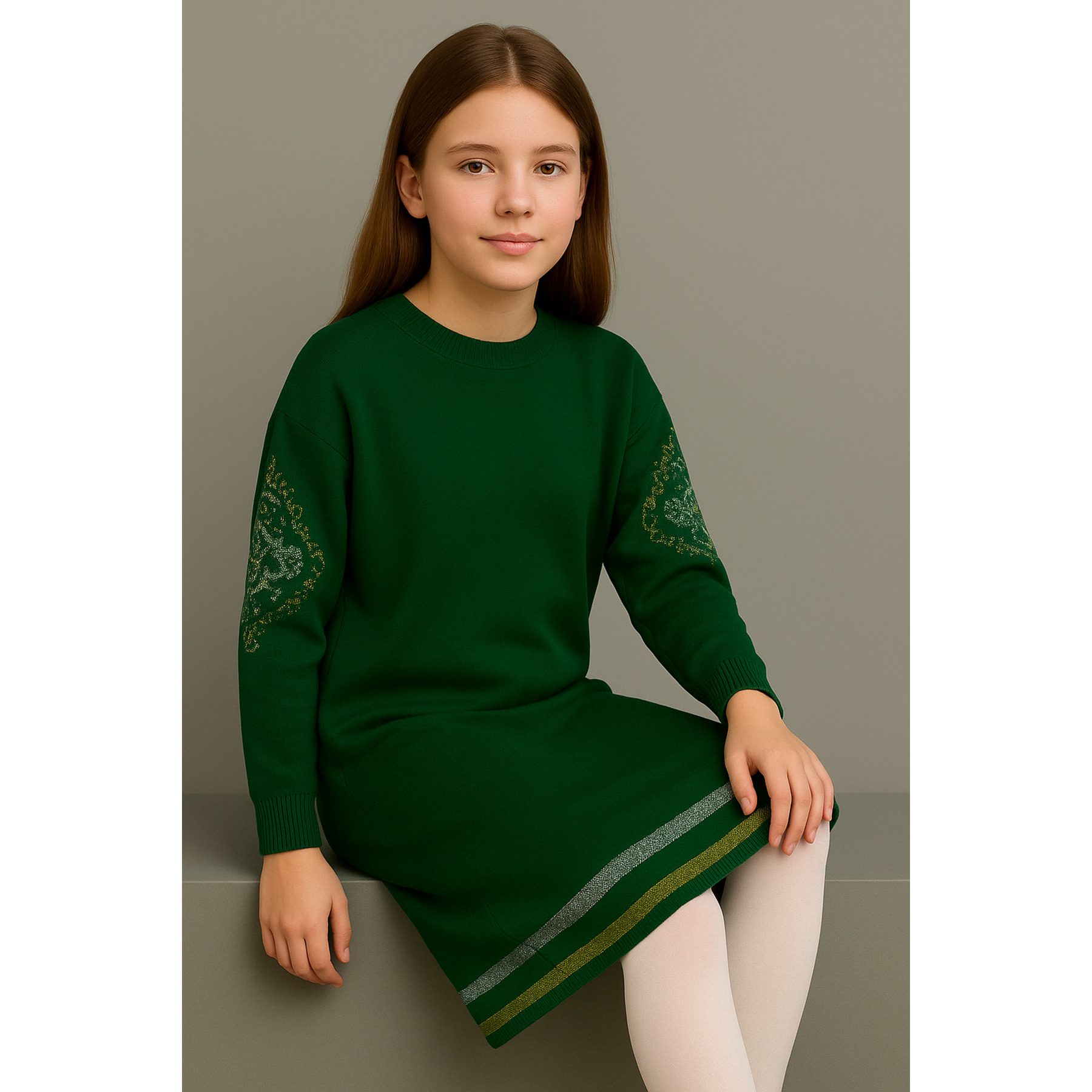 Casual Girls' Blue Knit Dress-Long-Sleeved with Relaxed Fit and Stylish Patterned Design - 图片 3