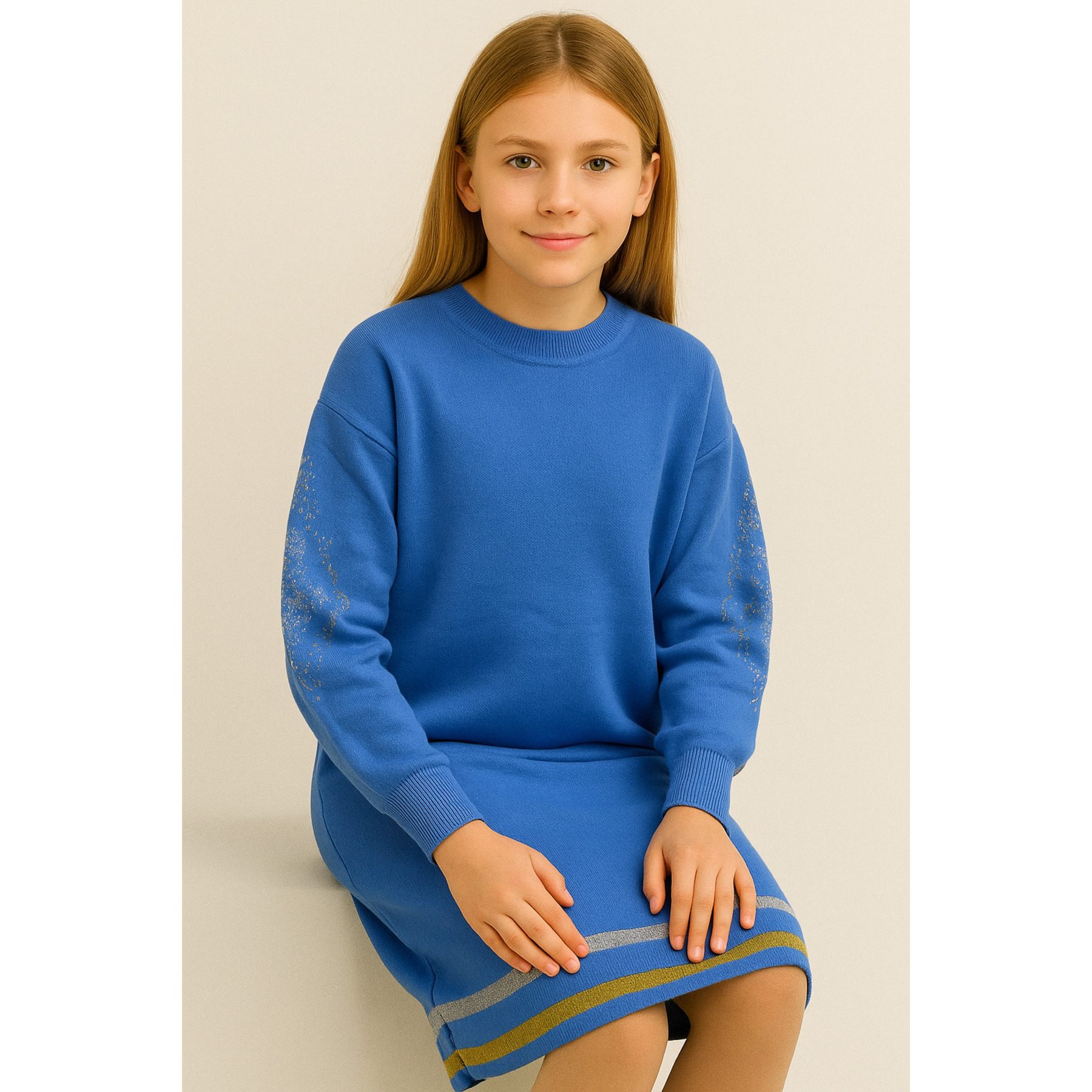 Casual Girls' Blue Knit Dress-Long-Sleeved with Relaxed Fit and Stylish Patterned Design