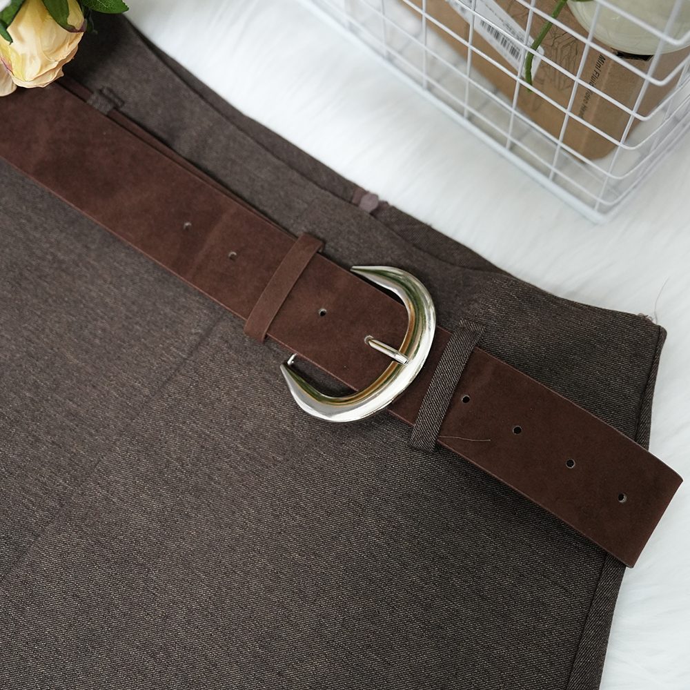 French Elegant Women's A-line Skirt with Belt - Stylish Fall and Winter Casual Plain Skirt - 图片 7