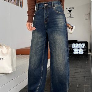 Large Size Women's Jeans Baggy Wide Leg Floor-Length Denim Pants Elastic Fabric All Season Casual High Waist Regular Plus Size