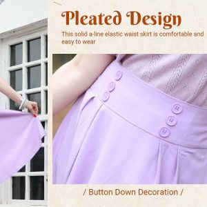 Ladies Pleated Skirt New High-waisted Casual A-line Mid-length Skirt with Pocket Button Decoration