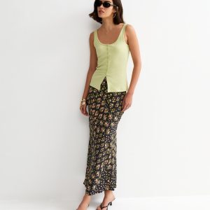 Black Floral Bias Cut Midi Skirt