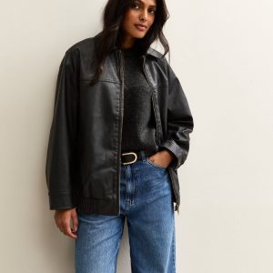 Black Oversized Washed Faux Leather Jacket