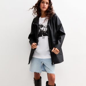 Black Water Resistant Drawstring Hood Rain Anorak