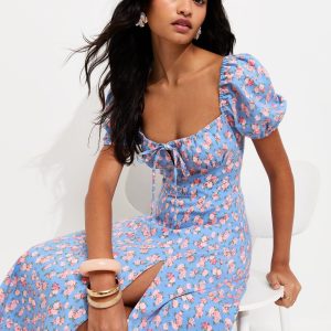 Blue Rose Print Milkmaid Midi Dress