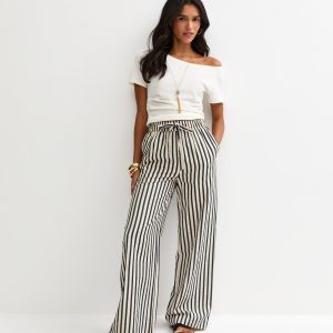 Blue Striped Seersucker Wide Leg Trousers