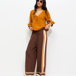 Brown Border Stripe Wide Leg Trousers