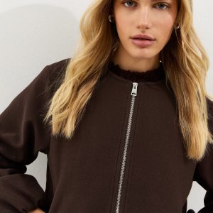 Brown Collarless Zip Through Bomber Jacket