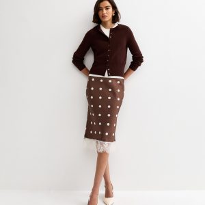 Brown Satin Polka Dot Lace Hem Midi Skirt