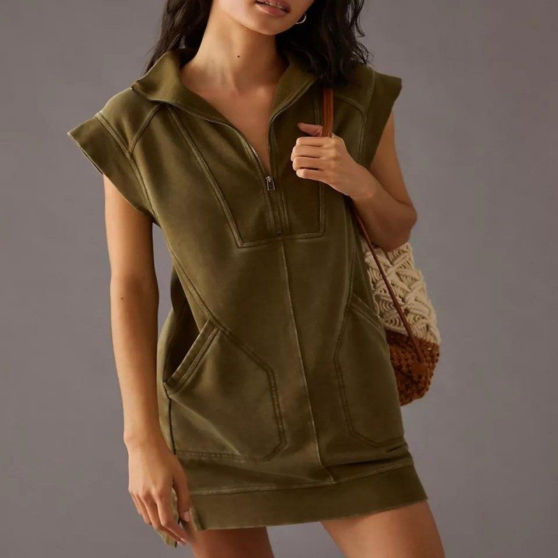New Women's Casual Mini Dress - Plus Size Sleeveless Knit, Solid Color with Zipper Detail