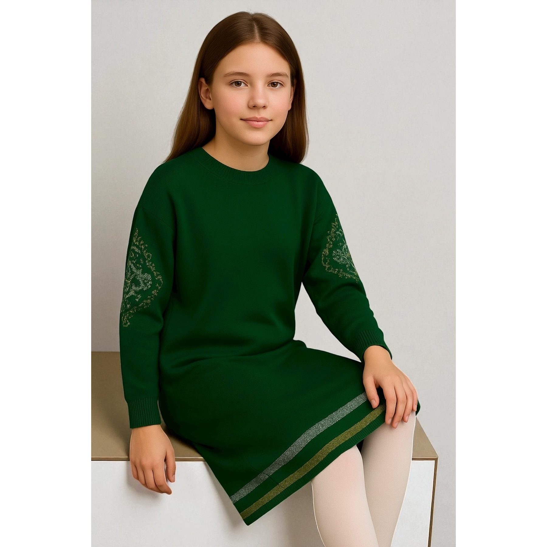 Casual Girls' Blue Knit Dress-Long-Sleeved with Relaxed Fit and Stylish Patterned Design