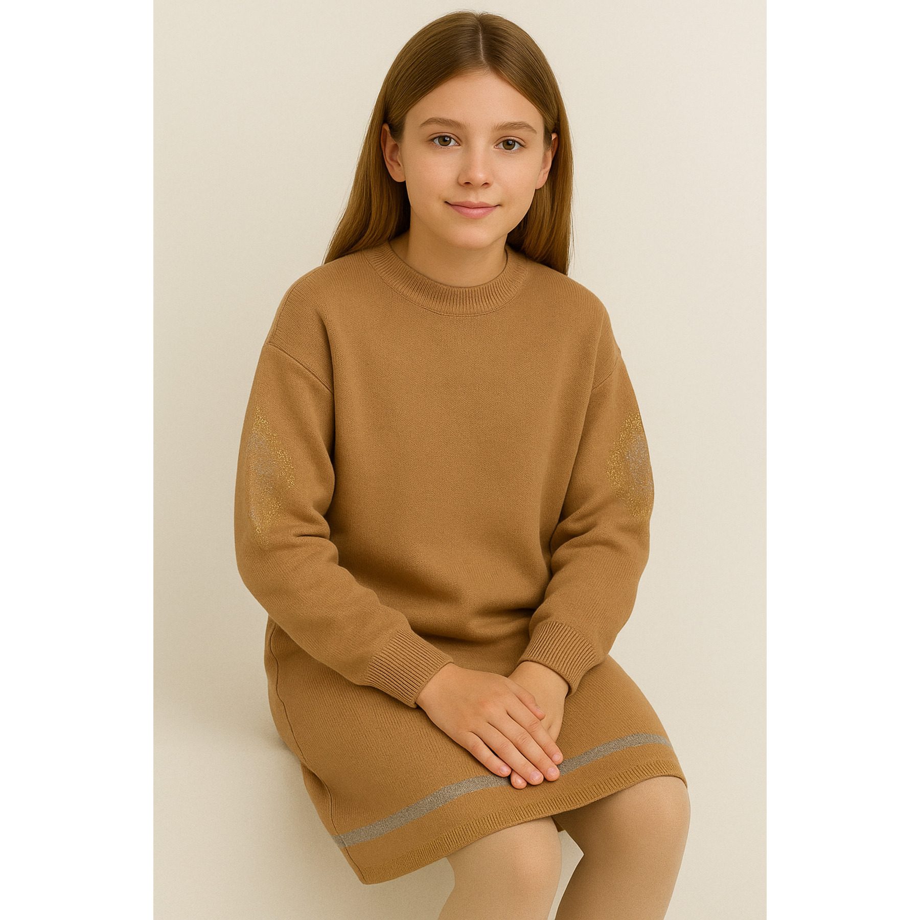 Casual Girls' Blue Knit Dress-Long-Sleeved with Relaxed Fit and Stylish Patterned Design