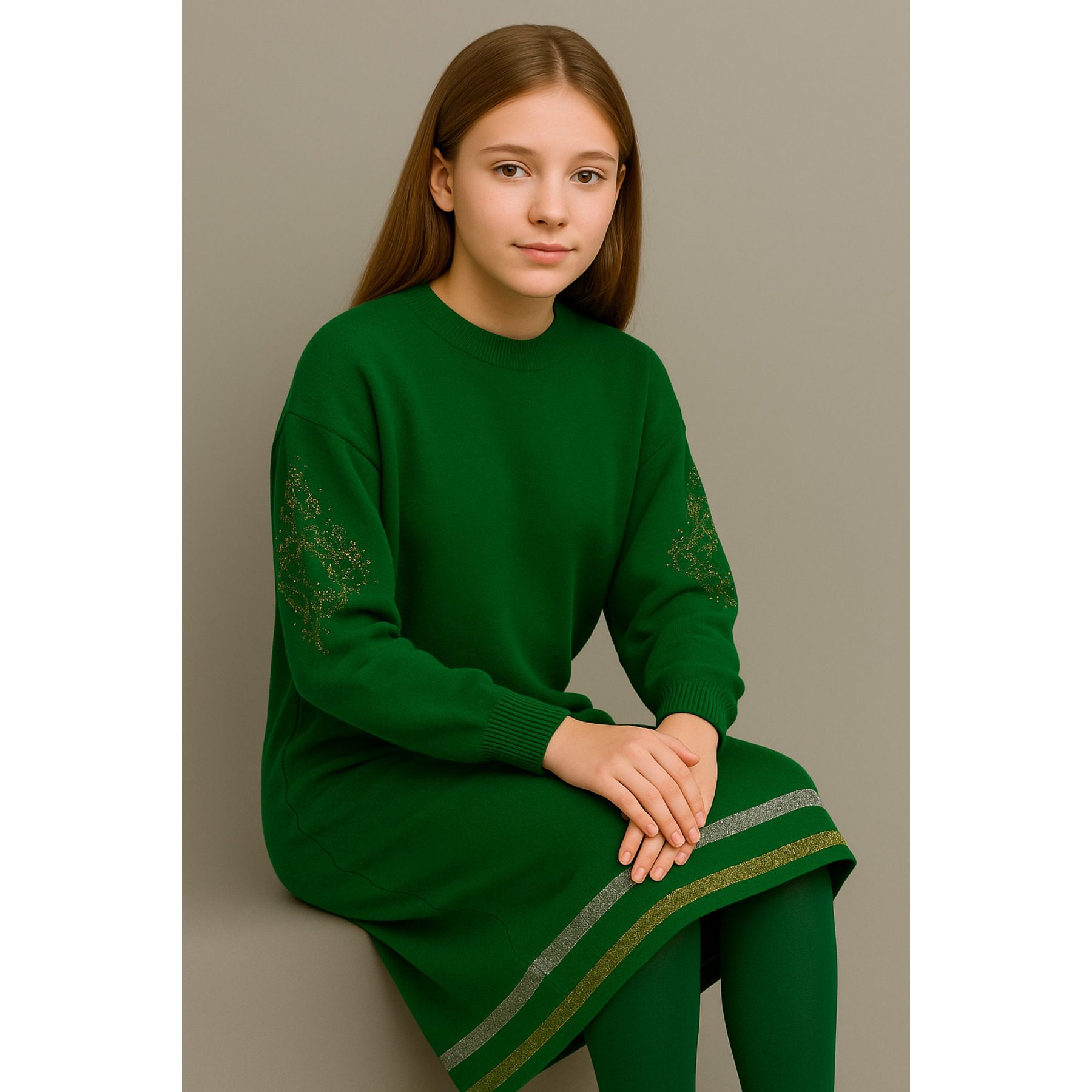 Casual Girls' Blue Knit Dress-Long-Sleeved with Relaxed Fit and Stylish Patterned Design