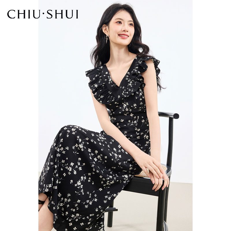 Stylish Floral Printed Sleeveless Dress for Women Elegant V Neck Ruffled Midi Dress with Slim Fit Design