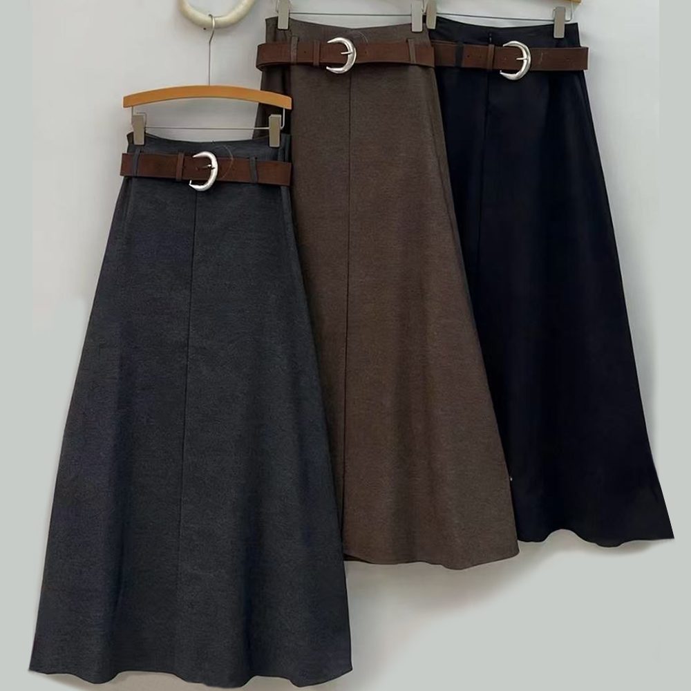 French Elegant Women's A-line Skirt with Belt - Stylish Fall and Winter Casual Plain Skirt