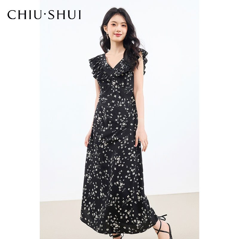 Stylish Floral Printed Sleeveless Dress for Women Elegant V Neck Ruffled Midi Dress with Slim Fit Design