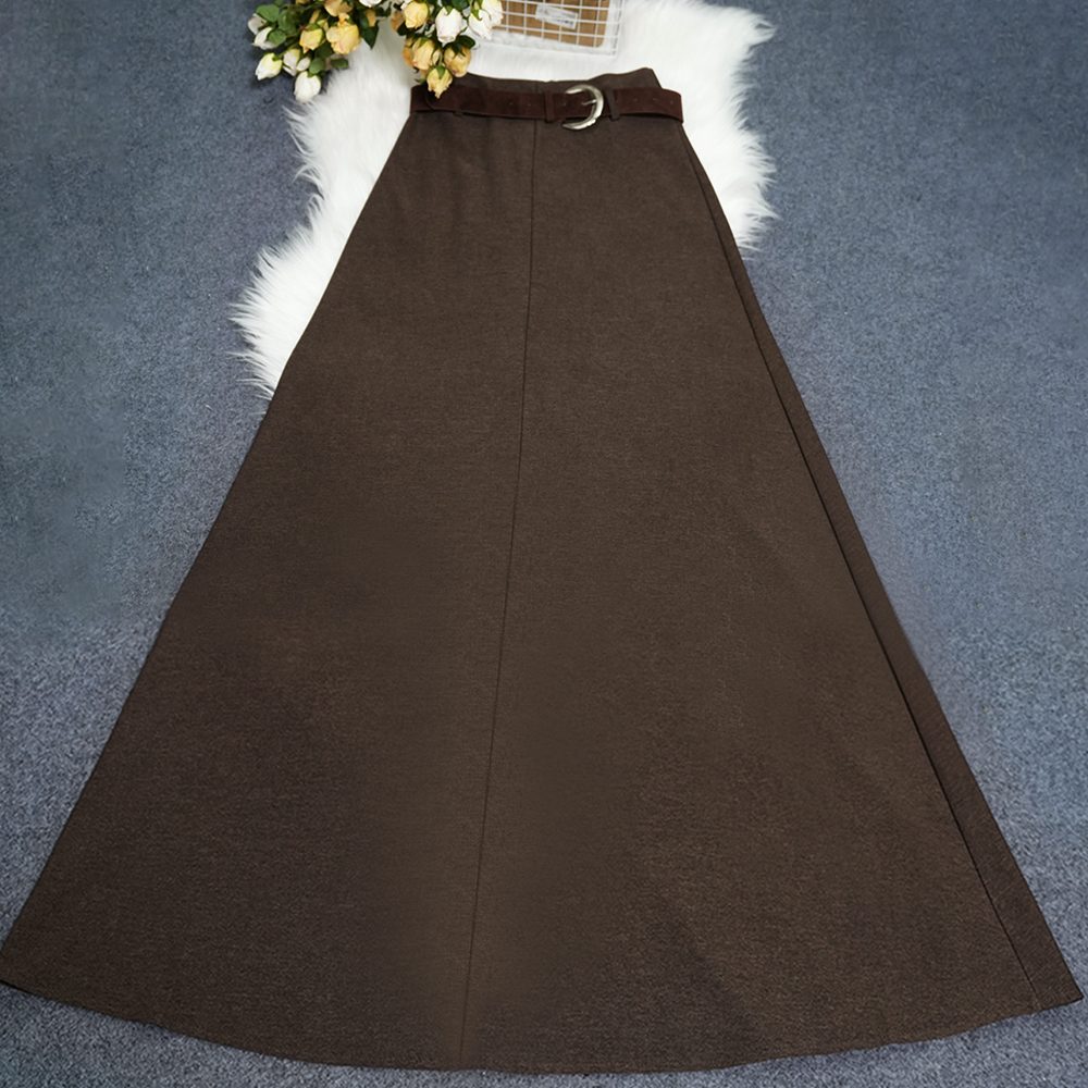 French Elegant Women's A-line Skirt with Belt - Stylish Fall and Winter Casual Plain Skirt