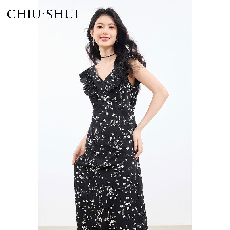 Stylish Floral Printed Sleeveless Dress for Women Elegant V Neck Ruffled Midi Dress with Slim Fit Design