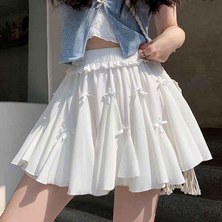 Custom OEM Women A-Line Ruffle Mini Skirt, High Waist Elastic Skater Skirt with Bowknot