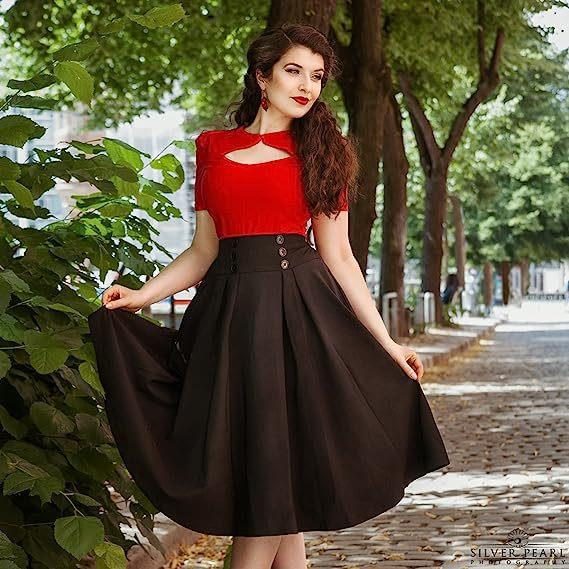 Ladies Pleated Skirt New High-waisted Casual A-line Mid-length Skirt with Pocket Button Decoration