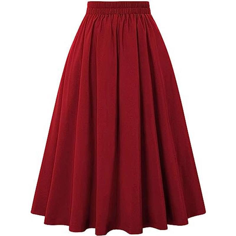 Ladies Pleated Skirt New High-waisted Casual A-line Mid-length Skirt with Pocket Button Decoration