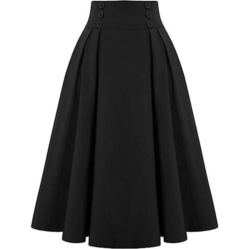 Ladies Pleated Skirt New High-waisted Casual A-line Mid-length Skirt with Pocket Button Decoration