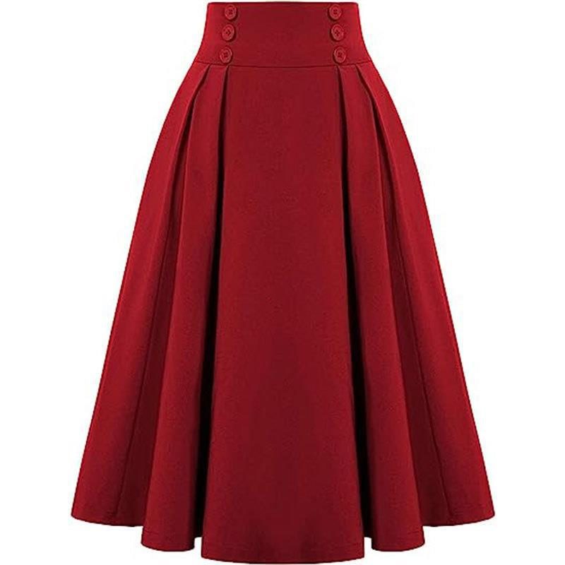 Ladies Pleated Skirt New High-waisted Casual A-line Mid-length Skirt with Pocket Button Decoration