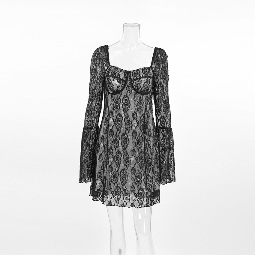 2026 Sexy High-end Women's Long Sleeve Lace Dress Female Black Skirt Elegant Women Dress with Lining