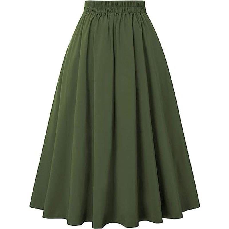 Ladies Pleated Skirt New High-waisted Casual A-line Mid-length Skirt with Pocket Button Decoration