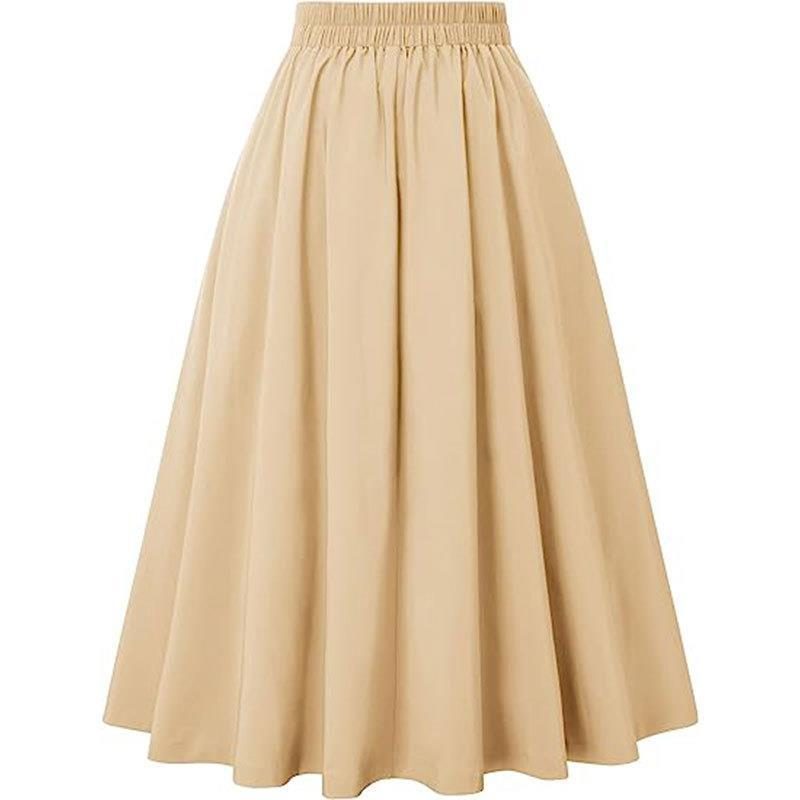 Ladies Pleated Skirt New High-waisted Casual A-line Mid-length Skirt with Pocket Button Decoration
