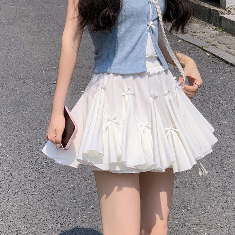 Custom OEM Women A-Line Ruffle Mini Skirt, High Waist Elastic Skater Skirt with Bowknot