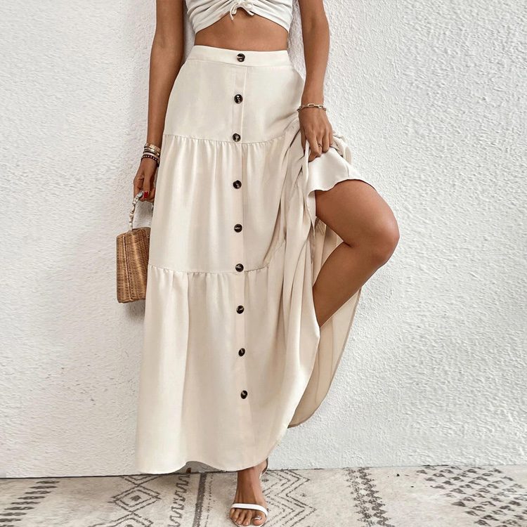 Custom OEM Women's Tiered Maxi Skirt, High Waist A-Line, Button Front, Flowy Boho Summer Skirt