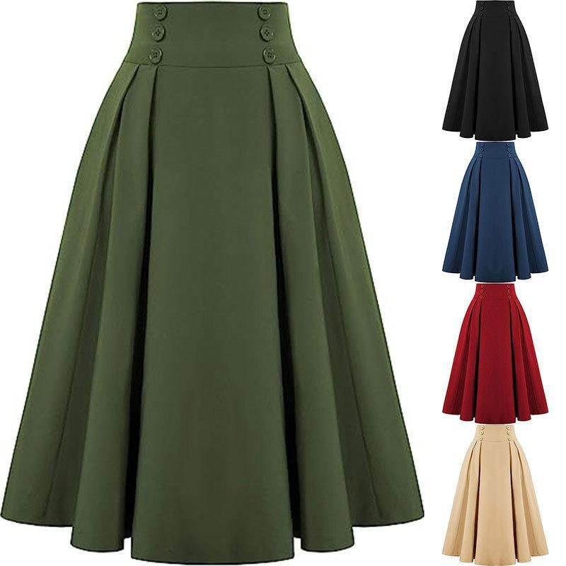Ladies Pleated Skirt New High-waisted Casual A-line Mid-length Skirt with Pocket Button Decoration