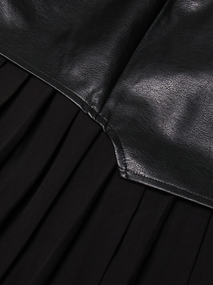 TWOTWINSTYLE Vintage Bodycon Pleated Midi Skirt High Waist Irregular Leather Patchwork Empire Waistline Plus Size Available