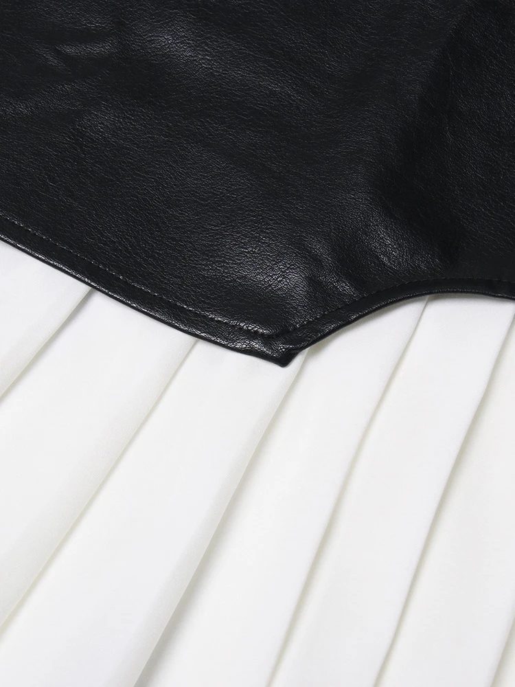 TWOTWINSTYLE Vintage Bodycon Pleated Midi Skirt High Waist Irregular Leather Patchwork Empire Waistline Plus Size Available