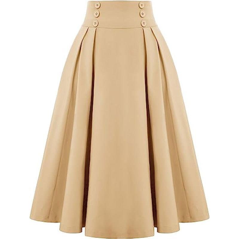 Ladies Pleated Skirt New High-waisted Casual A-line Mid-length Skirt with Pocket Button Decoration