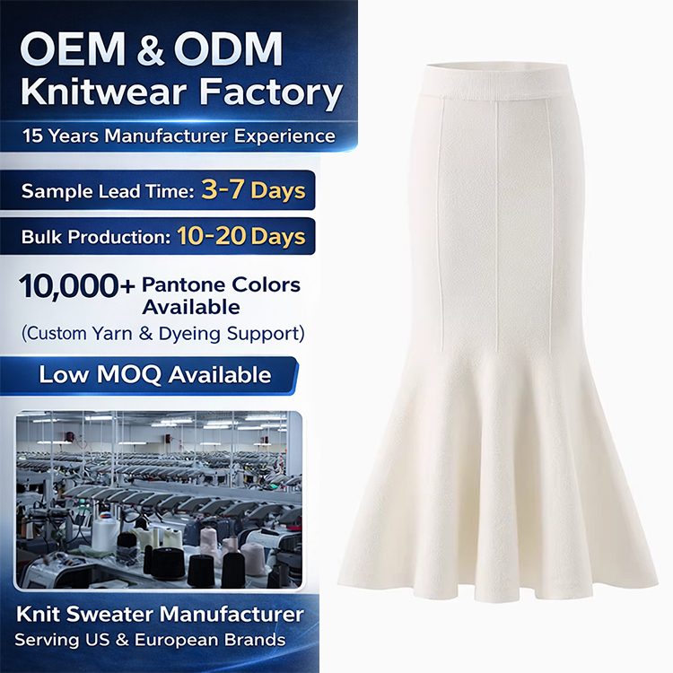 Customized Stretch Others-waisted Breathable Elegant Yarn Dyed Spandex/Cotton Solid Knee-length Figure-hugging Skirt Women