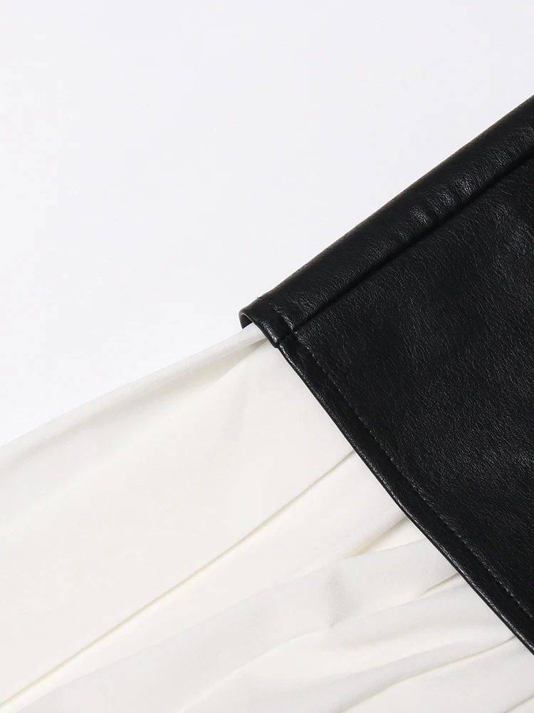 TWOTWINSTYLE Vintage Bodycon Pleated Midi Skirt High Waist Irregular Leather Patchwork Empire Waistline Plus Size Available