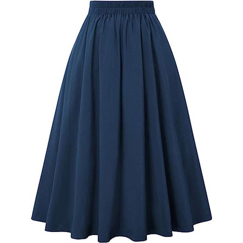 Ladies Pleated Skirt New High-waisted Casual A-line Mid-length Skirt with Pocket Button Decoration