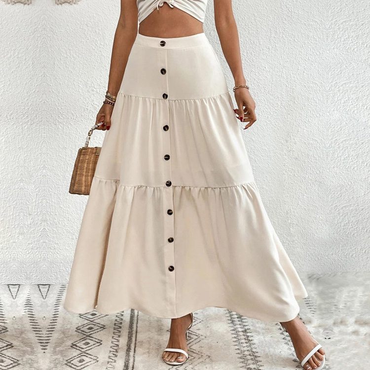 Custom OEM Women's Tiered Maxi Skirt, High Waist A-Line, Button Front, Flowy Boho Summer Skirt