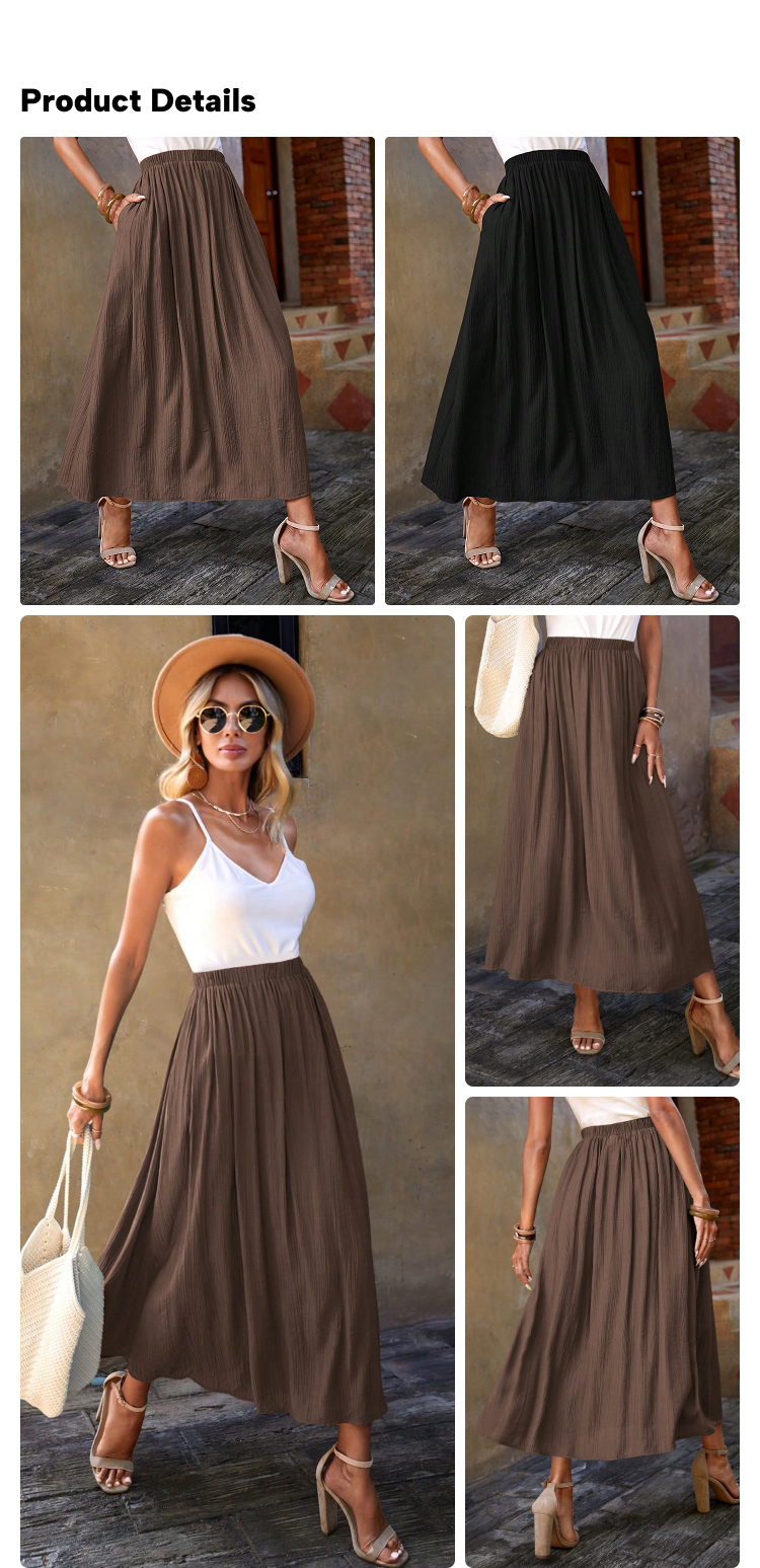 Custom OEM Women Boho Maxi Skirt High Waist Elastic A-Line Long Skirt Solid Color Flowy Summer