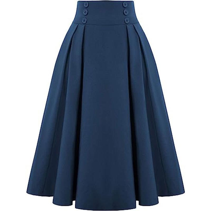 Ladies Pleated Skirt New High-waisted Casual A-line Mid-length Skirt with Pocket Button Decoration