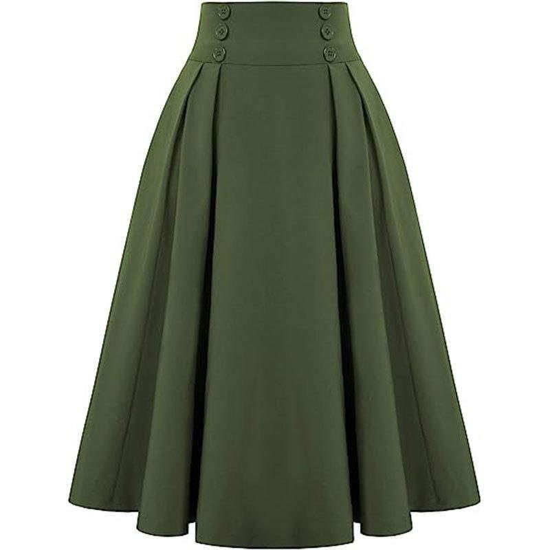 Ladies Pleated Skirt New High-waisted Casual A-line Mid-length Skirt with Pocket Button Decoration