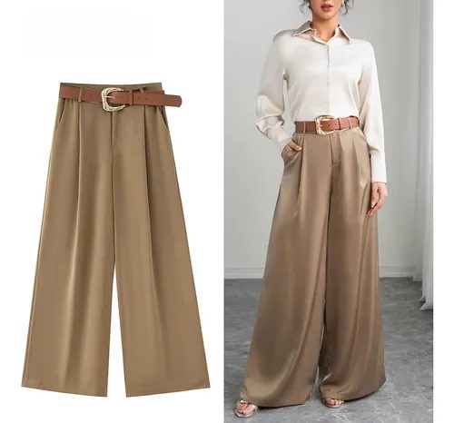 Women's Satin Wide-Leg Trousers with Belt Ruched Trim Casual Versatile Pants