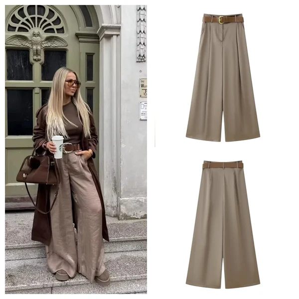 Women's Satin Wide-Leg Trousers with Belt Ruched Trim Casual Versatile Pants