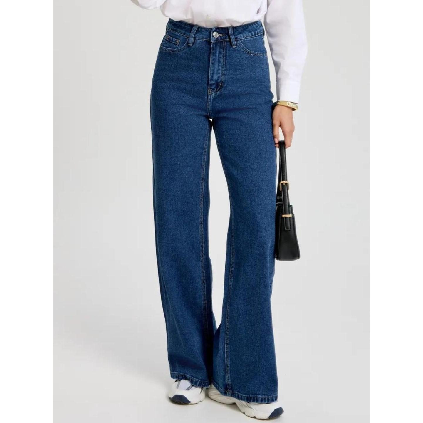 Women Mid Rise Wide Leg Jeans Light Blue Casual Denim Pants Breathable Comfort Waistband