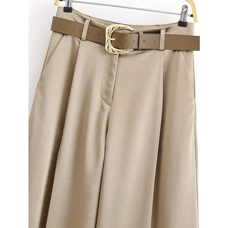 Women's Satin Wide-Leg Trousers with Belt Ruched Trim Casual Versatile Pants