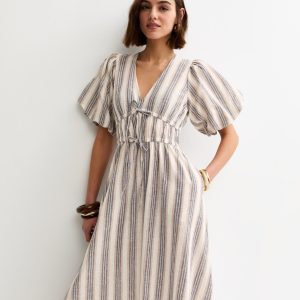 Cream and Blue Stripe Puff Sleeve Midi Dress
