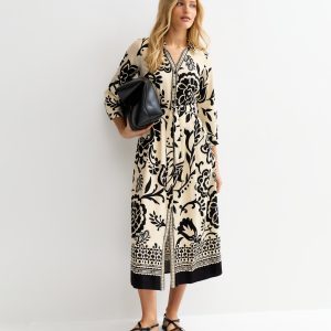 Cream Floral Border Tile Print Midi Shirt Dress