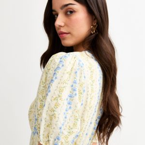 Cream Floral Puff Sleeve Midi Dress